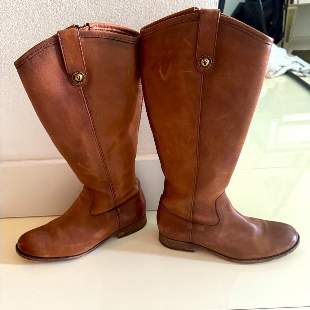 Frye Riding Button Leather Boots, Brown Tan, Zipper Womens Size 8
